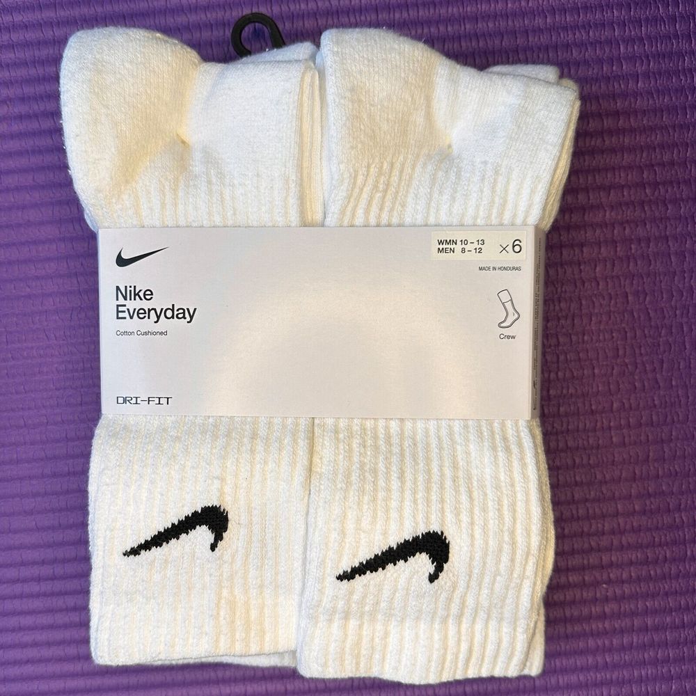 NEW 6 Pairs Nike Everyday Cotton Cushioned Men's 8-12 L Crew Socks White DRI-FIT